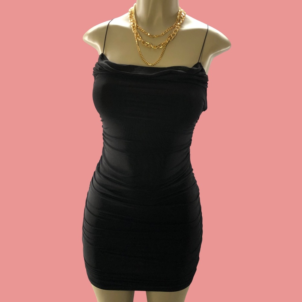 NWT Oh Polly Ruched Bodycon Mini Dress Womens 4 Black Cowl Neck Spaghetti Strap
